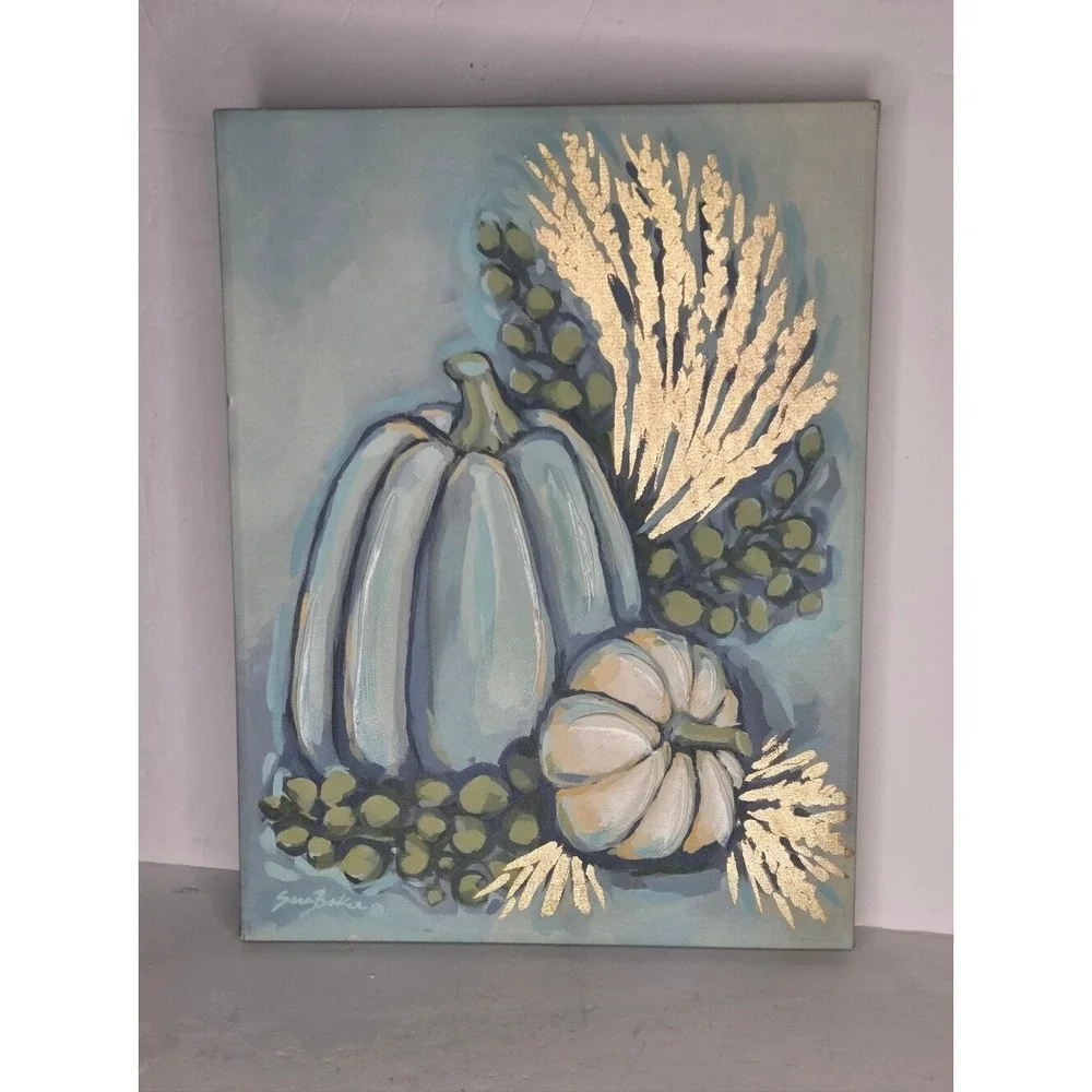 Fall Blue Pumpkin Painted Canvas Wall Art‎ Shabby Chic Signed Sara Baker